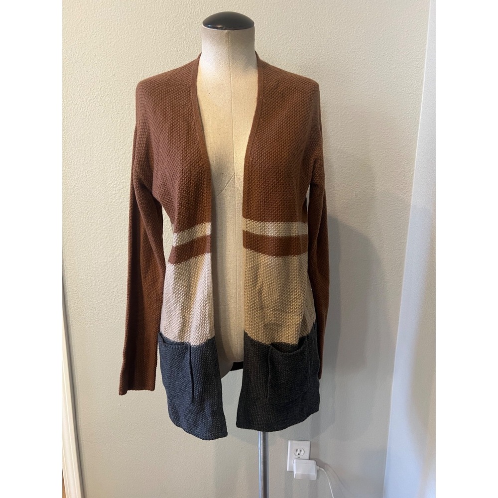 Beaul Womens Open Front Colorblock Knit Cardigan Sweater Brown Beige Gray M
